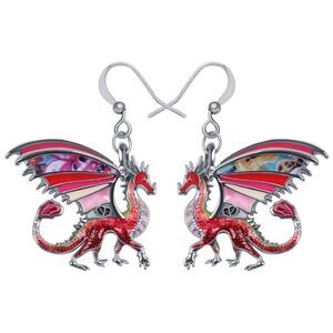 Silver and Multicolor Enamel Mythical Dragon Dangling French Wire Hook Earrings